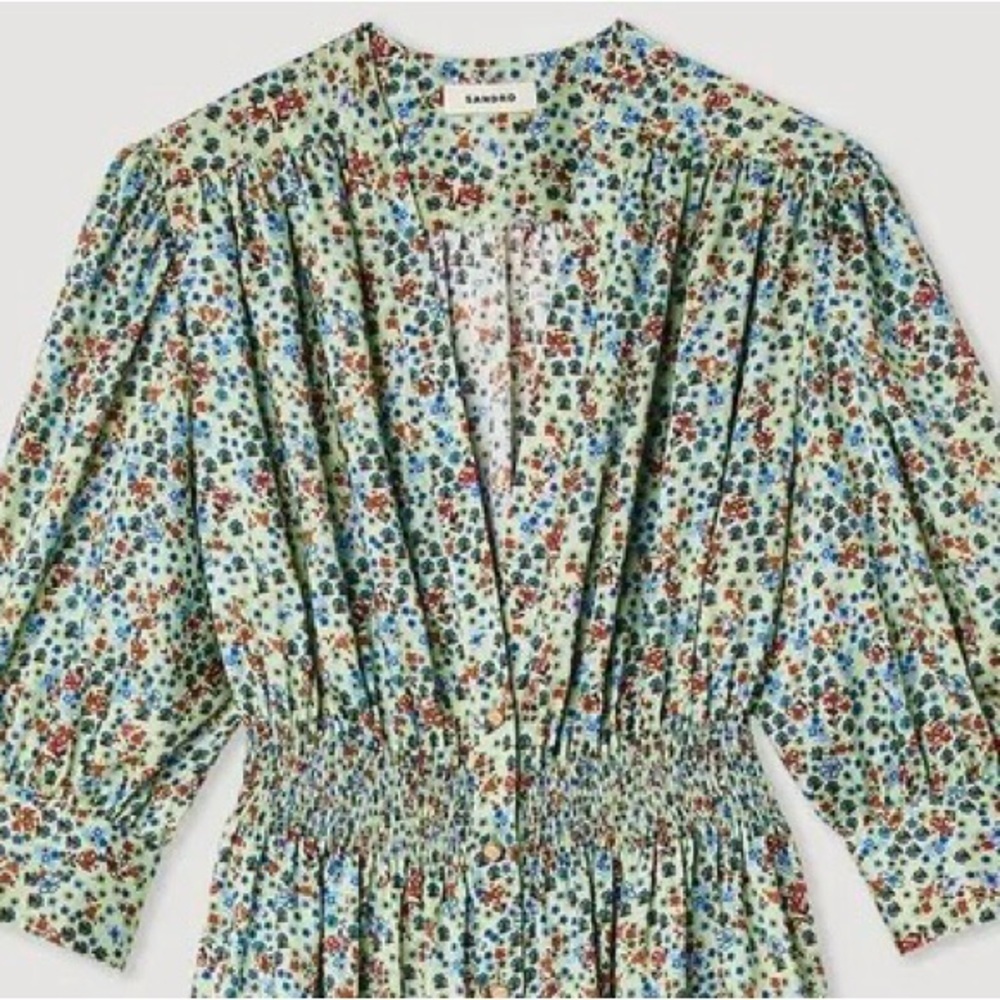 Sandro Provence Floral Smocked Waist Midi
Dress In Light Green Size 34 (4-6) - Picture 6 of 13